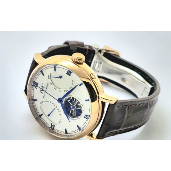 I W C Schaffhausen Portofino DAY-DATE Tourbillon Rose Gold Leather Strap Swiss Automatic Watch