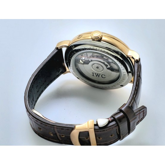 I W C Schaffhausen Portofino DAY-DATE Tourbillon Rose Gold Leather Strap Swiss Automatic Watch