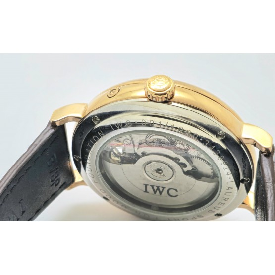 I W C Schaffhausen Portofino DAY-DATE Tourbillon Rose Gold Leather Strap Swiss Automatic Watch