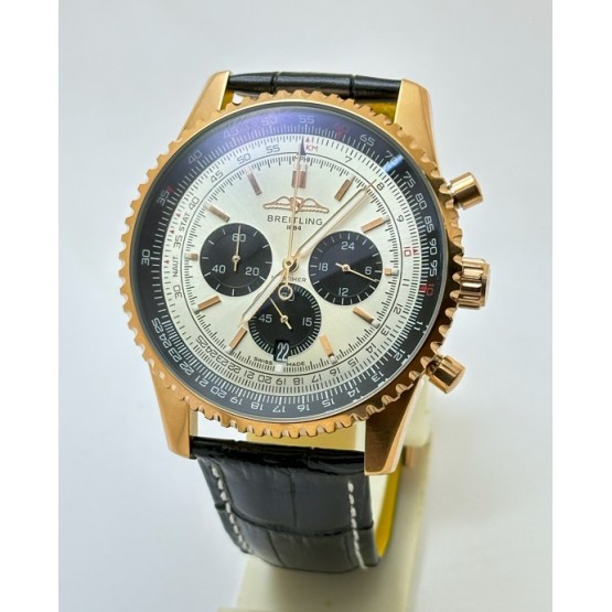 Breitling Navitimer Chrono Black & White Rose Gold Leather Strap Watch