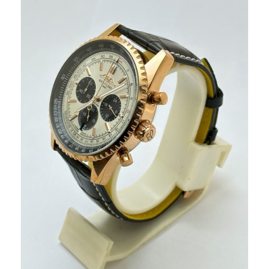 Breitling Navitimer Chrono Black & White Rose Gold Leather Strap Watch