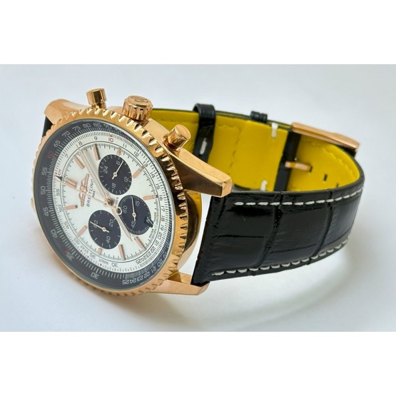 Breitling Navitimer Chrono Black & White Rose Gold Leather Strap Watch