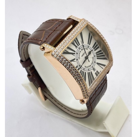 Franck Muller Master Square Diamond Rose Gold Leather Strap Watch