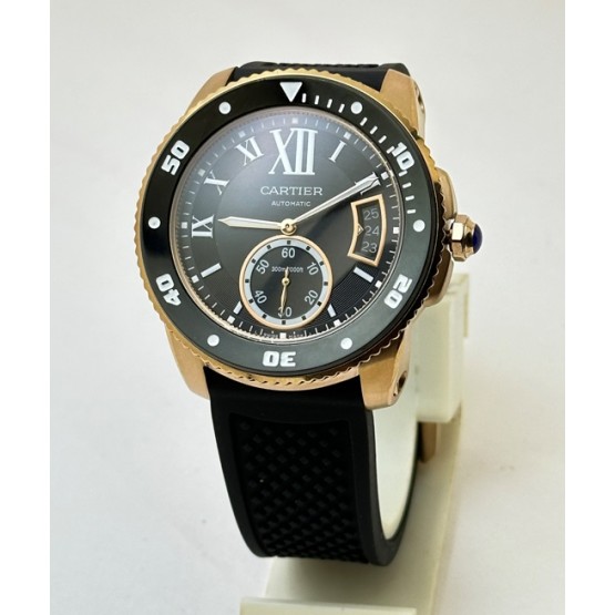 Cartier Calibre De Diver Rose Gold Black Rubber Strap Watch