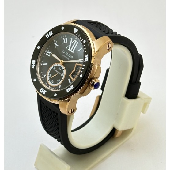 Cartier Calibre De Diver Rose Gold Black Rubber Strap Watch