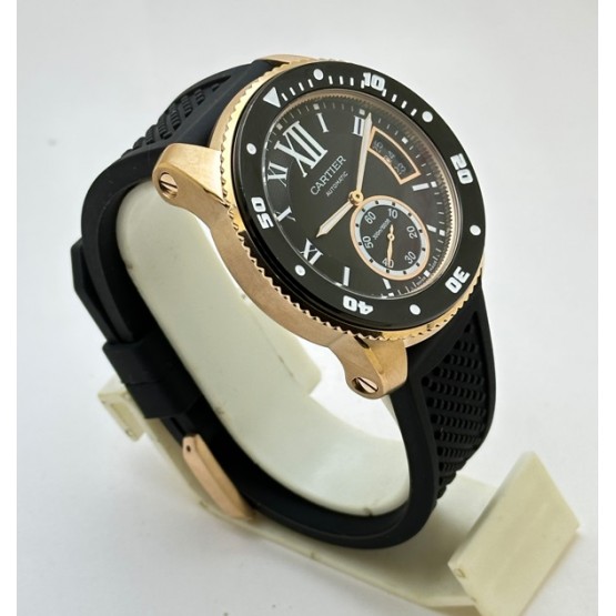 Cartier Calibre De Diver Rose Gold Black Rubber Strap Watch