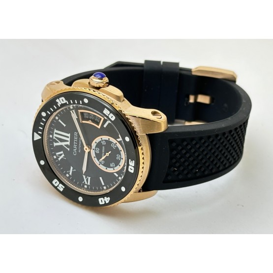 Cartier Calibre De Diver Rose Gold Black Rubber Strap Watch