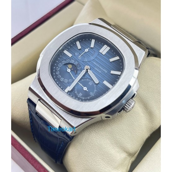 Patek Philippe Nautilus Moon Phase Power Resrve Blue Leather Strap Swiss Automatic Watch