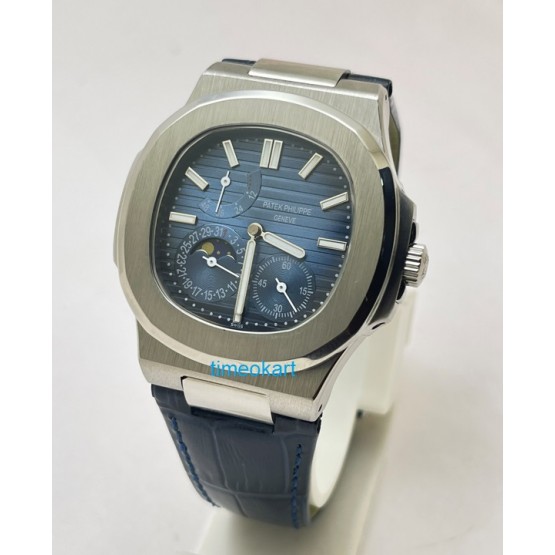 Patek Philippe Nautilus Moon Phase Power Resrve Blue Leather Strap Swiss Automatic Watch