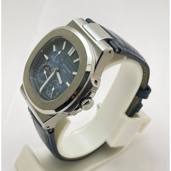 Patek Philippe Nautilus Moon Phase Power Resrve Blue Leather Strap Swiss Automatic Watch