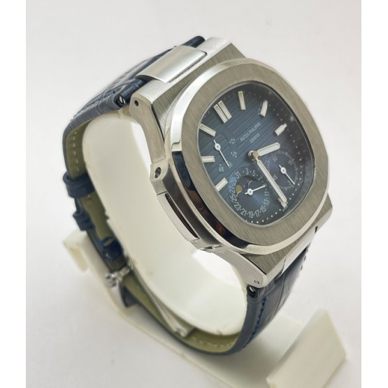 Patek Philippe Nautilus Moon Phase Power Resrve Blue Leather Strap Swiss Automatic Watch