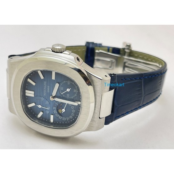 Patek Philippe Nautilus Moon Phase Power Resrve Blue Leather Strap Swiss Automatic Watch