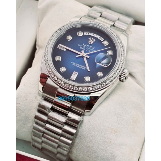 Rolex Day-Date Blue Steel Diamond Bezel 36MM Swiss ETA Automatic 2836 Valjoux Movement Watch