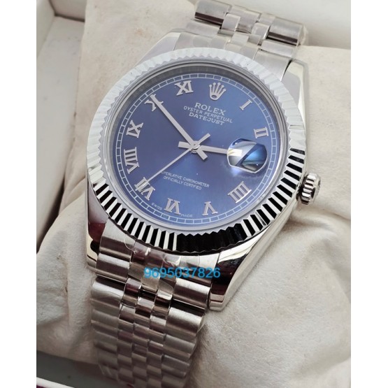 Rolex Date-Just Roman Mark Blue Steel Swiss ETA Automatic 2836 Valjoux Movement Watch