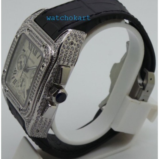 Cartier Santos 100 White Diamond Swiss ETA Valjoux 7750 Silver Watch