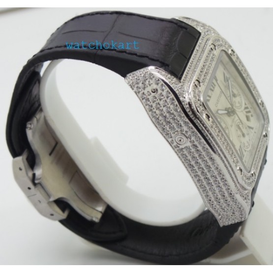 Cartier Santos 100 White Diamond Swiss ETA Valjoux 7750 Silver Watch