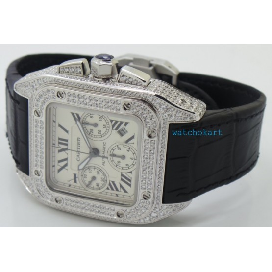 Cartier Santos 100 White Diamond Swiss ETA Valjoux 7750 Silver Watch