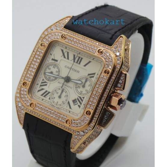 Cartier Santos 100 Diamond Swiss ETA Valjoux 7750 Rose Gold Watch