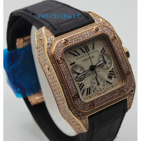 Cartier Santos 100 Diamond Swiss ETA Valjoux 7750 Rose Gold Watch