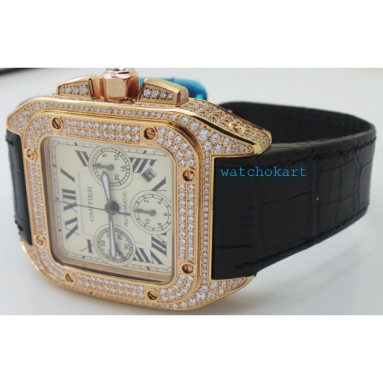 Cartier Santos 100 Diamond Swiss ETA Valjoux 7750 Rose Gold Watch