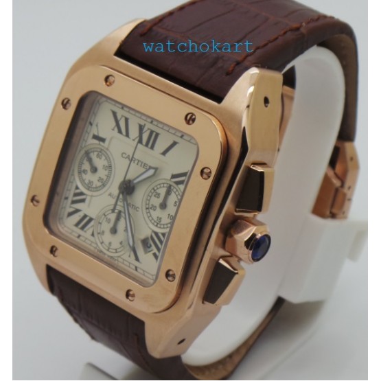 Cartier Santos 100 Swiss ETA Valjoux 7750 Rose Gold Watch