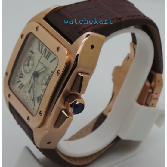 Cartier Santos 100 Swiss ETA Valjoux 7750 Rose Gold Watch