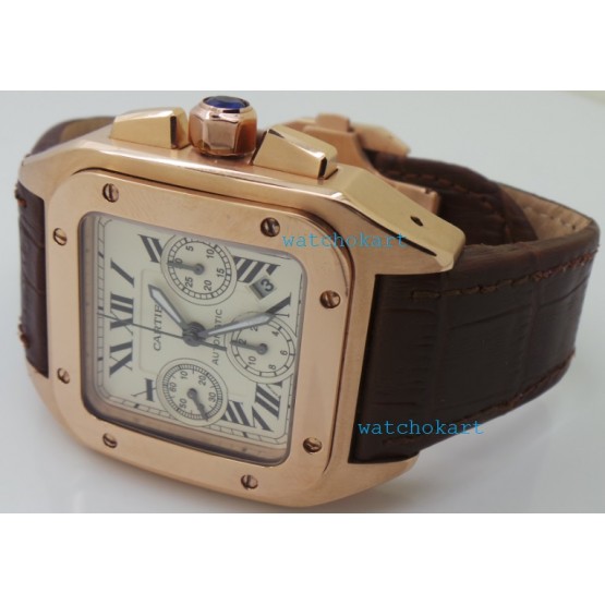 Cartier Santos 100 Swiss ETA Valjoux 7750 Rose Gold Watch