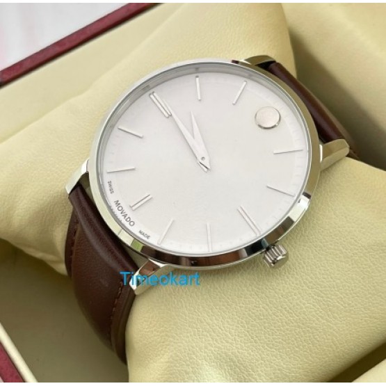 Movado Ultra Slim Steel White Dail Leather Strap Watch