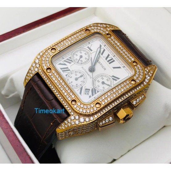 Cartier Santos 100 Diamond Swiss ETA Valjoux 7750 Rose Gold Watch