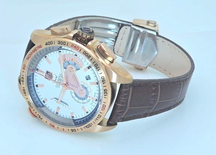 Tag Heuer Grand Carrera Calibre 36 White Rose Gold Leather Strap Watch - Image 5