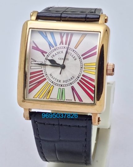 Franck Muller Square Master Rose Gold Color Dreams Roman Mark Leather Strap Watch