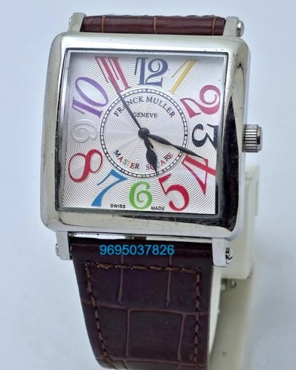 Franck Muller Square Master Steel Color Dreams Leather Strap Watch