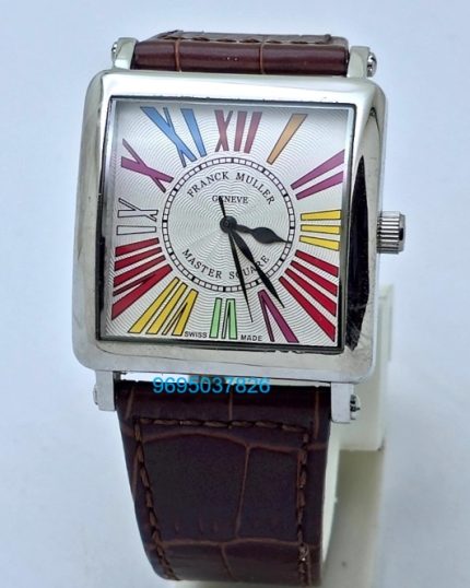 Franck Muller Square Master Steel Color Dreams Roman Mark Leather Strap Watch