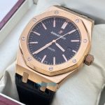 Audemars Piguet Royal Oak Rose Gold Black Leather Strap Swiss Automatic Watch