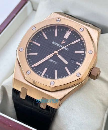 Audemars Piguet Royal Oak Rose Gold Black Leather Strap Swiss Automatic Watch