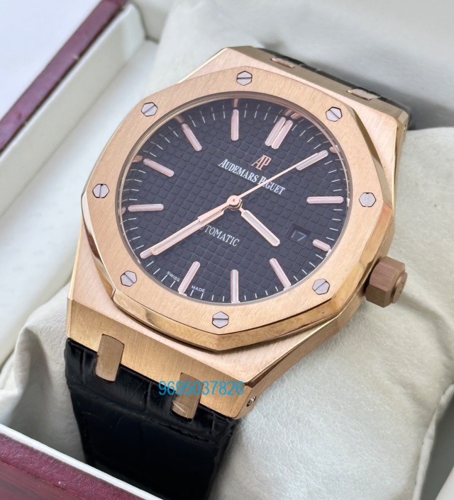 Audemars Piguet Royal Oak Rose Gold Black Leather Strap Swiss Automatic Watch