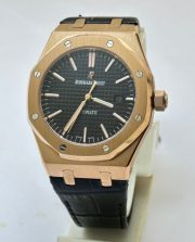 Audemars Piguet Royal Oak Rose Gold Black Leather Strap Swiss Automatic Watch - Image 3