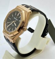 Audemars Piguet Royal Oak Rose Gold Black Leather Strap Swiss Automatic Watch - Image 4