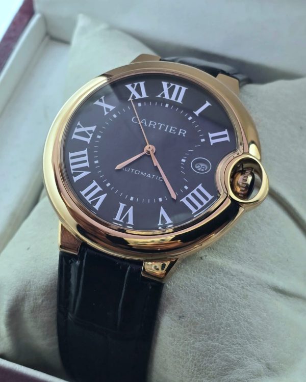 Cartier Ballon Bleu De Mens Rose Gold Black Leather Strap Swiss Automatic Watch