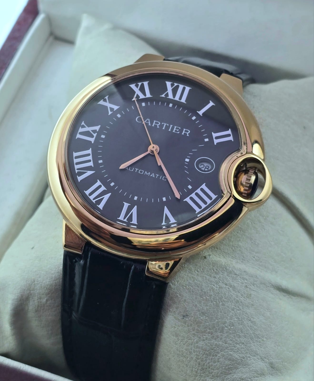 Cartier Ballon Bleu De Mens Rose Gold Black Leather Strap Swiss Automatic Watch