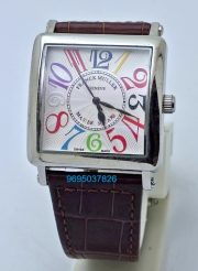 Franck Muller Square Master Steel Color Dreams Leather Strap Watch
