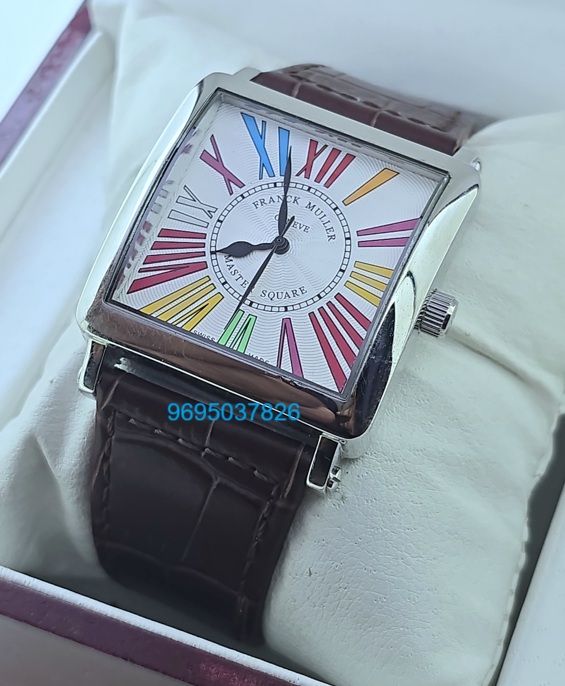 Franck Muller Square Master Steel Color Dreams Roman Mark Leather Strap Watch