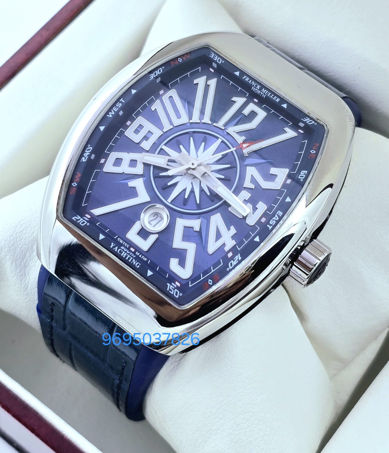 Franck Muller Vanguard Yachting Steel Blue Leather Strap Swiss ETA Automatic Watch