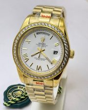 Rolex Day-Date Roman Mark Diamond Bezel Golden Swiss Automatic Watch - Image 3