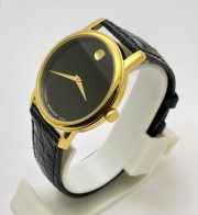Movado Ultra Slim 2 Gold Black Leather Strap Watch - Image 4