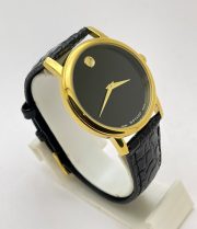 Movado Ultra Slim 2 Gold Black Leather Strap Watch - Image 5