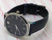 Movado Ultra Slim Steel Dark Blue Leather Strap Watch - Image 6