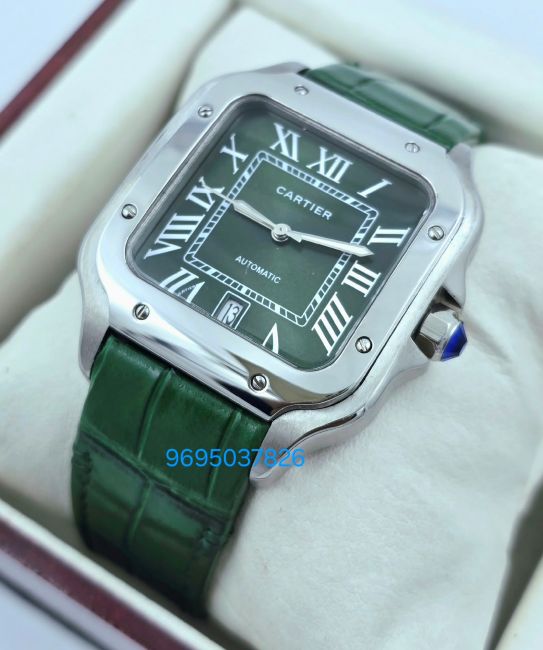 cartier-santos-100-green-leather-strap-swiss-automatic-watch (1) Cartier Santos 100 Green Leather Strap Swiss Automatic Watch